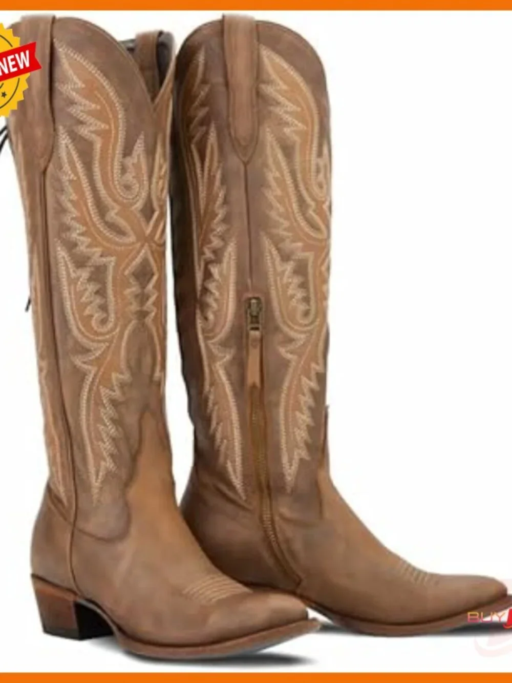 Knee-High Cowboy Boots with Adjustable Corset, Faux Leather, Block Heel